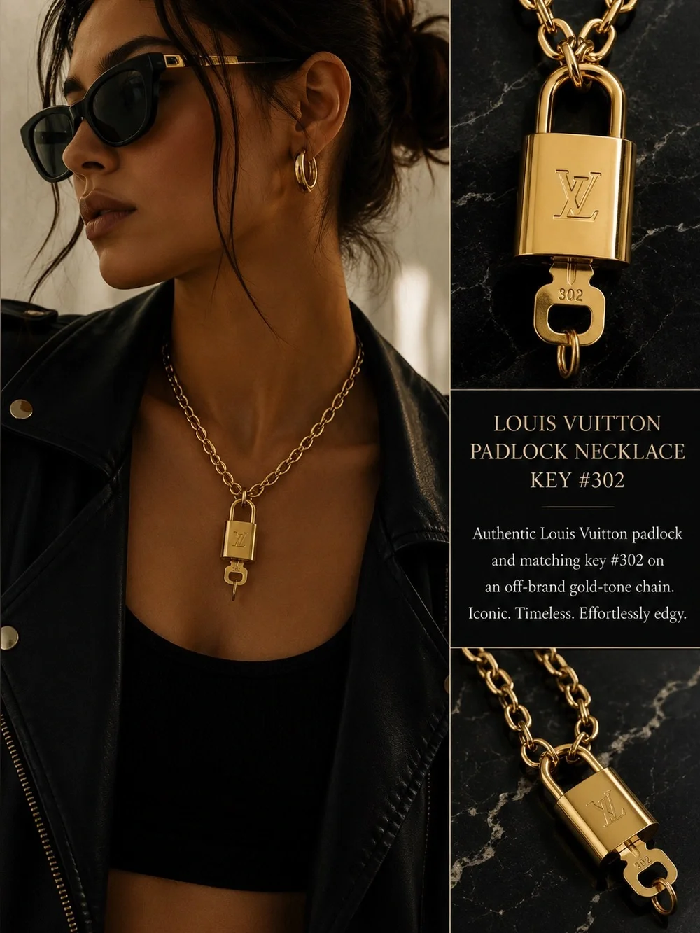 Authentic Louis Vuitton Gold Padlock Key #302 on‎ Gold Tone Chain Necklace